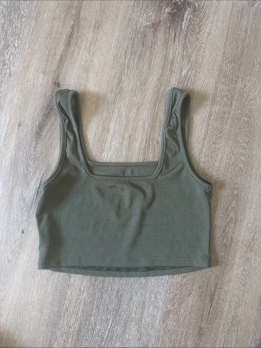 Green Olive Ribbed Square-Neck Crop Tank m medium